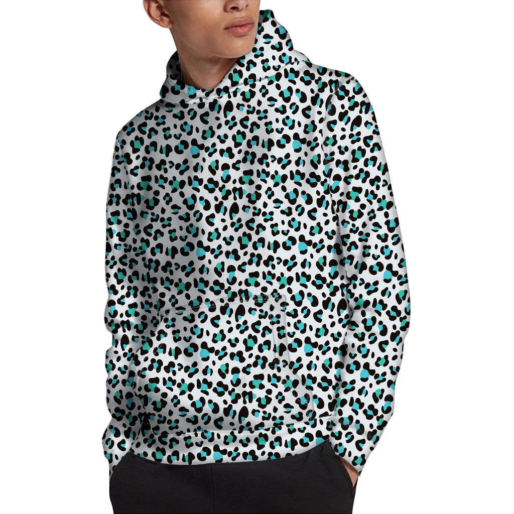 White And Teal Leopard Print Pullover Hoodie