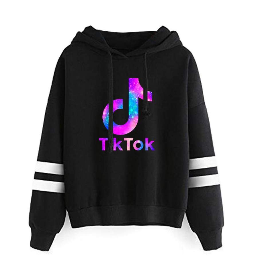 Tik Tok Logo Hoodie Cool Striped Sleeves Sweatshirt