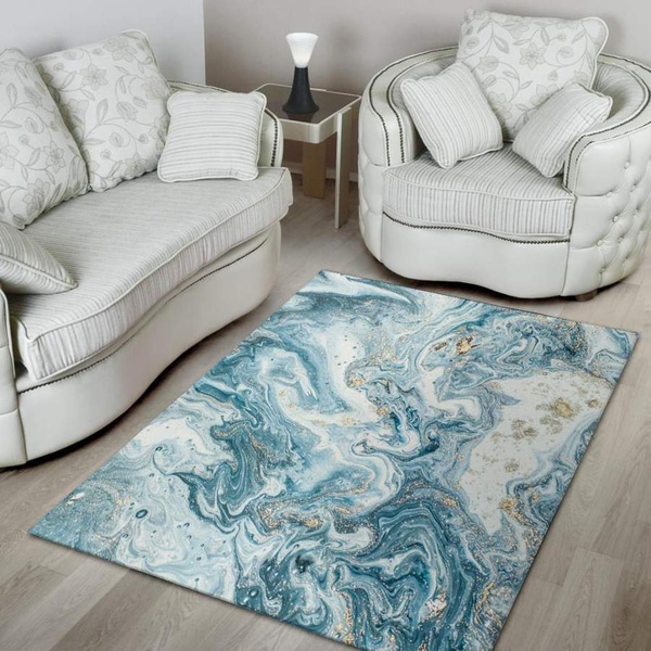 Golden Powder Blue Marble Area Rug