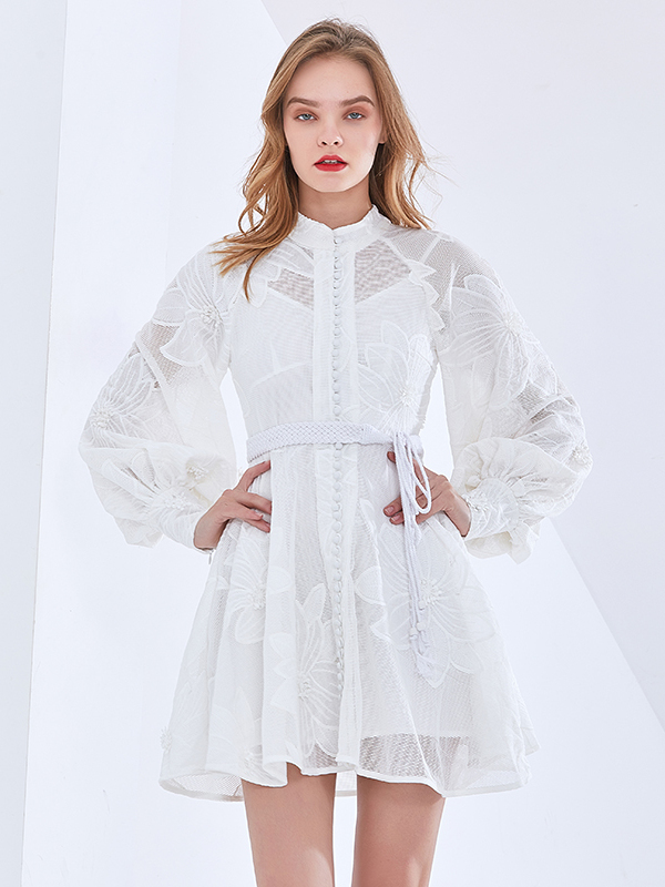 TWOTWINSTYLE Print Elegant Embroidery Dress For Women Stand Collar Lantern Sleeve Lace Up Bowknot White Dresses Female Fashion alx