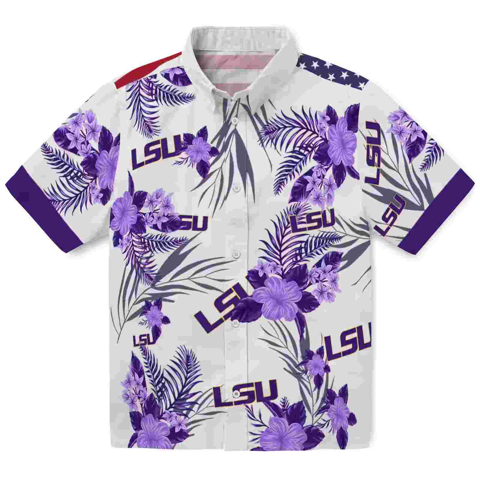 Lsu Tigers Patriotic Hibiscus Design Purple White Hawaiian Shirt