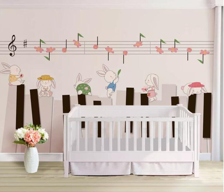 3D Kids,Cartoon,Rabbit,Musical Note Wallpaper-Nursery