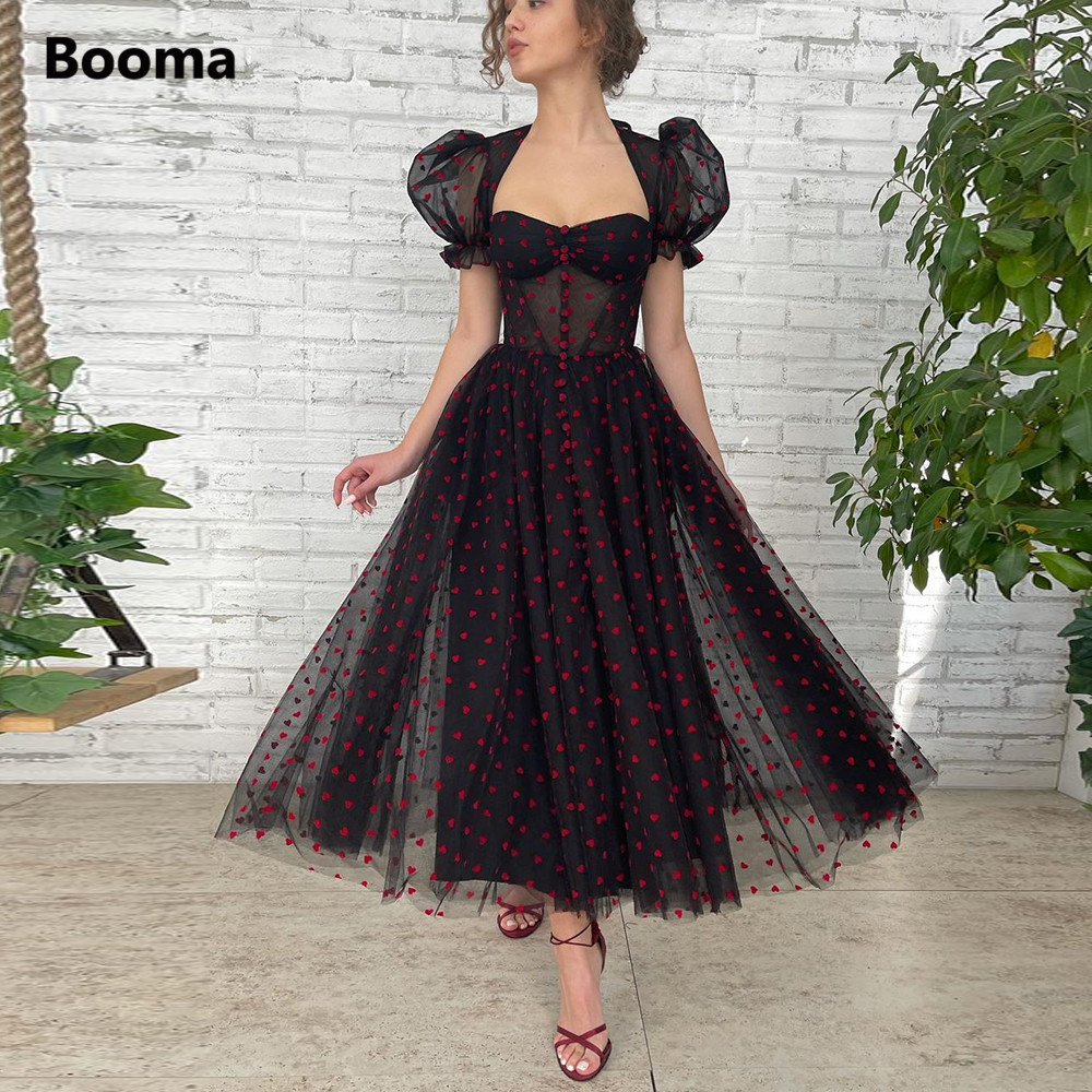 Booma Red Hearts Black Tulle Midi Prom Dresses Queen Anne Short Puff Sleeves Tea-Length Formal Prom Gowns Evening Party Gowns alx