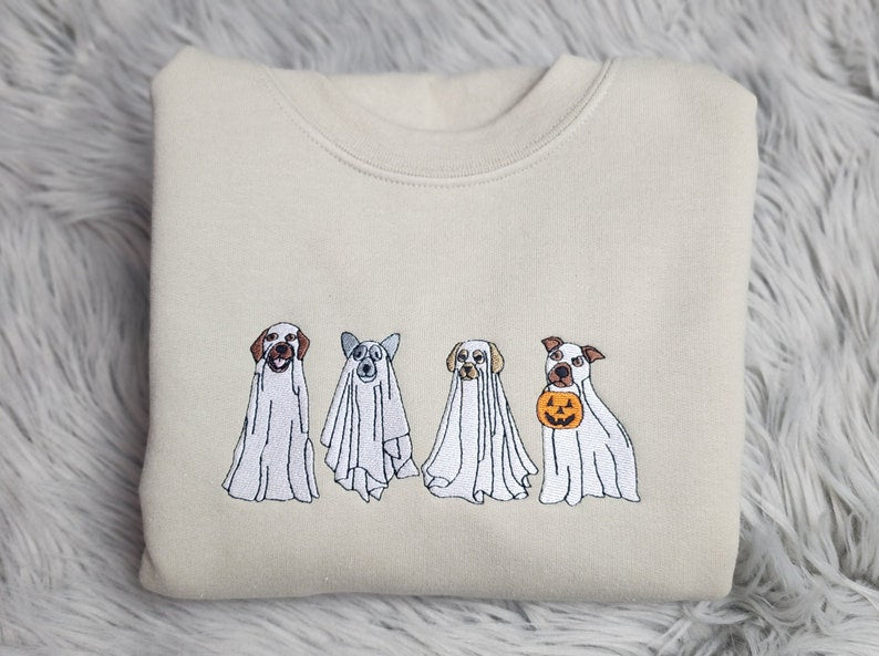 Halloween Ghost Dogs Embroidered Crewneck Sweatshirt All Over Print Sweatshirt For Women Sweatshirt For Men Sws2472