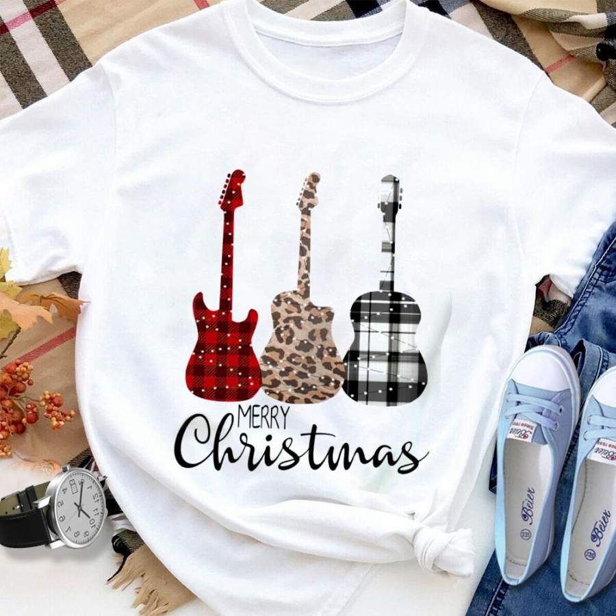 Red black and white plaid leopard guitar merry chrismas leopard white cotton t shirt for men and women S-6XL