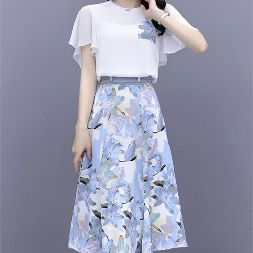 Two Piece Dress Suit Ladies Elegant Floral High Waist A-Line Skirt 2022 Summer Short Sleeve T-Shirt Ladies Fashion Clothing J226 alx