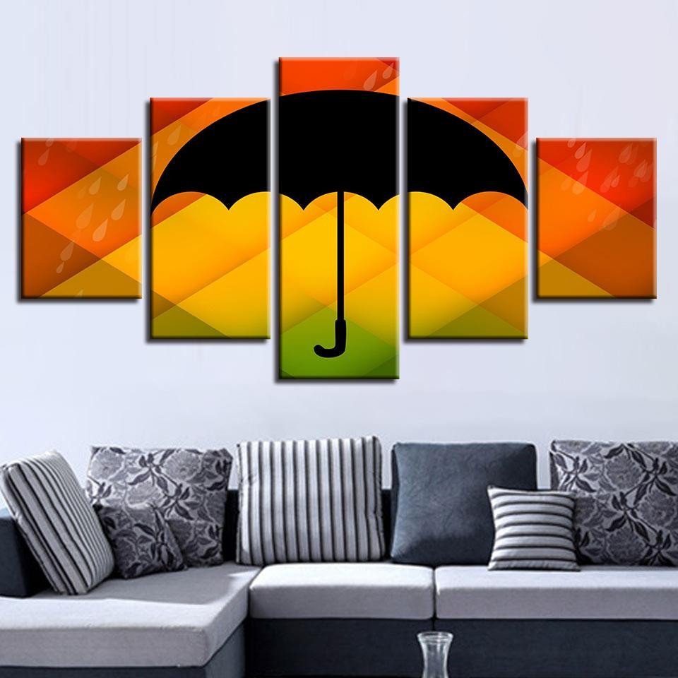 Color Background Black Umbrella And Rain Water Abstract 5 Panel Canvas Art Wall Decor