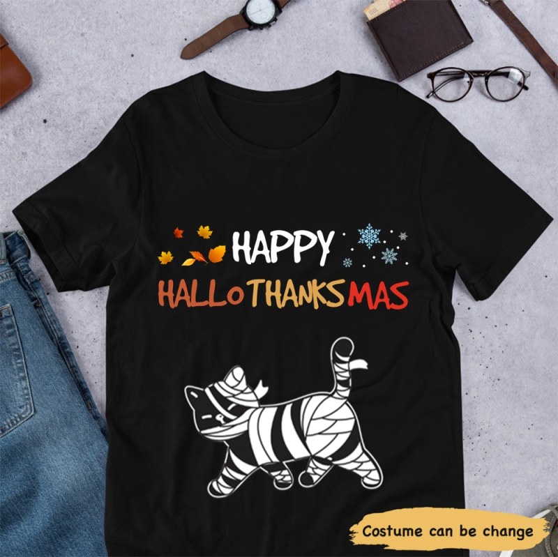 Halloween Cat Hallothanksmas Walking Personalized T-Shirt