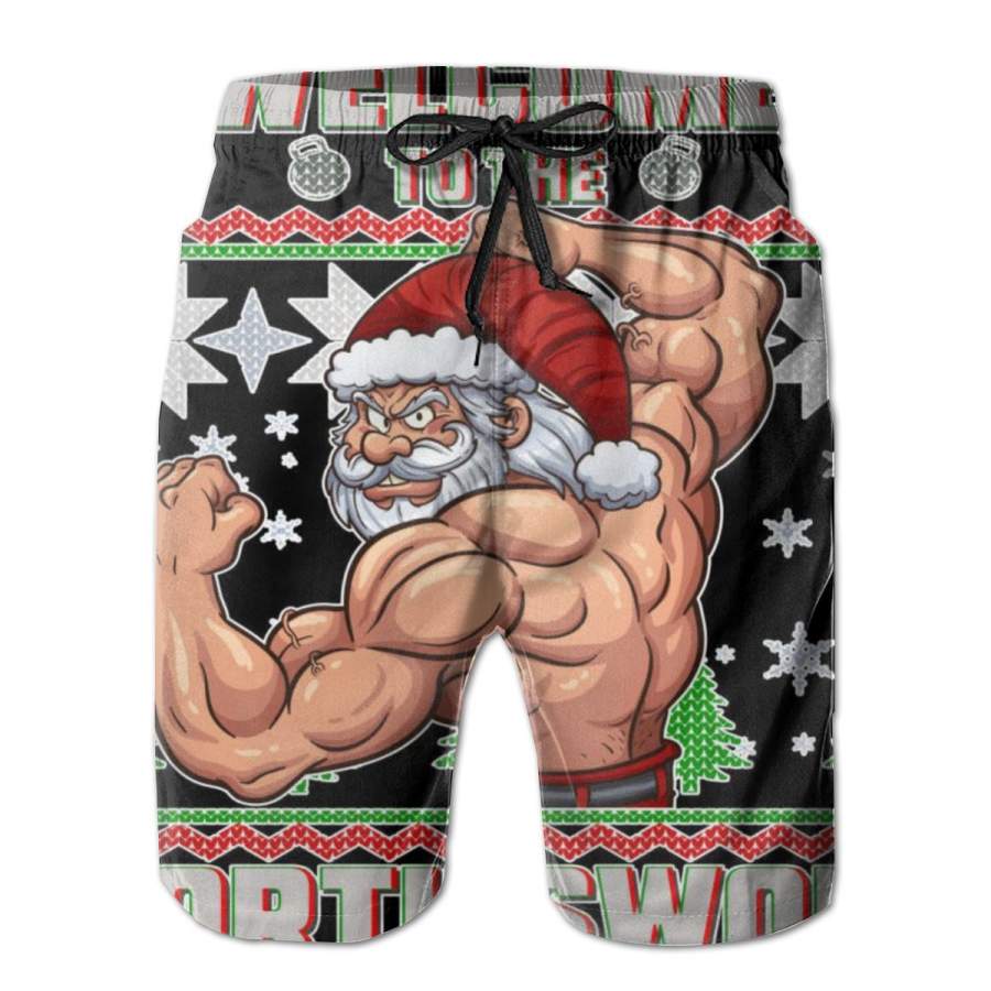 2 Pack Welcome To The North Swole Santa Ugly Christmas Poster Men Swim Trunks Drawstring Elastic Waist Quick Dry Beach Shorts with Mesh Lining Swimwear Bathing Suits