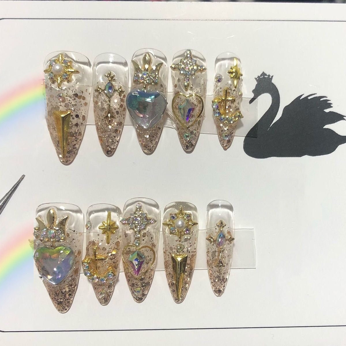 Gold Sailor Moon Press On Nails/Sailor Moon Nails/Gold Glitter Nails Kawaii Nails Fake Nails Long Short Coffin Stiletto Square Oval #124