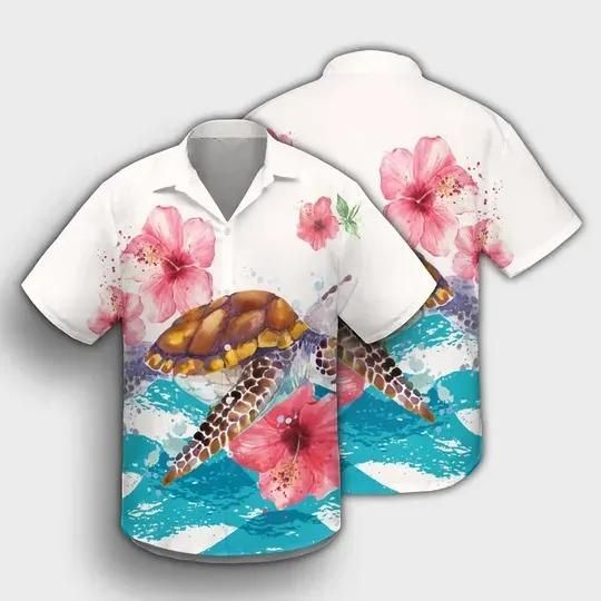 Turtle Hibiscus Aloha Hawaiian Shirt Colorful Short Sleeve Summer Beach Casual Shirt For Men And Women