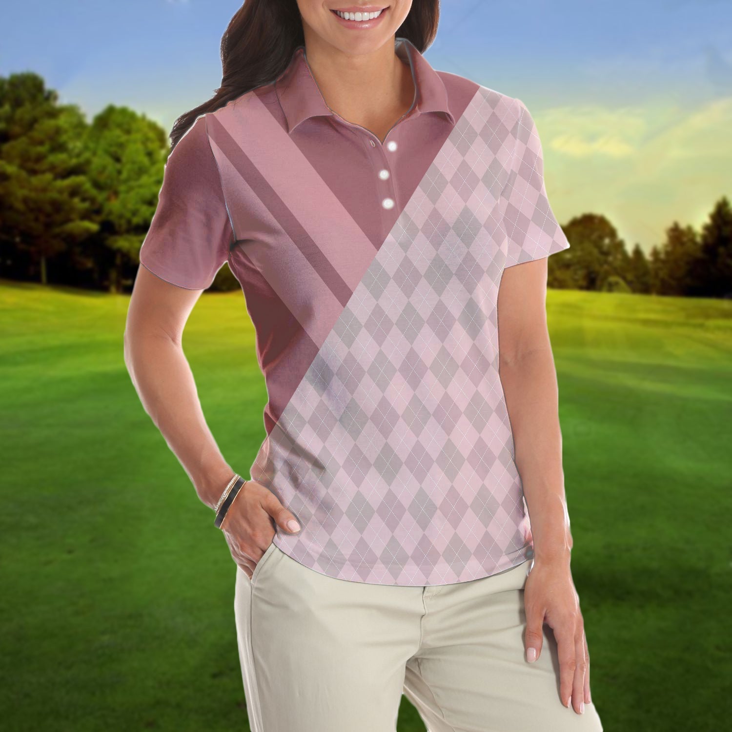 Never Underestimate A Woman Who Loves Golf And Wine Short Sleeve Women Polo Shirt, Pastel Argyle Pattern Shirt Coolspod