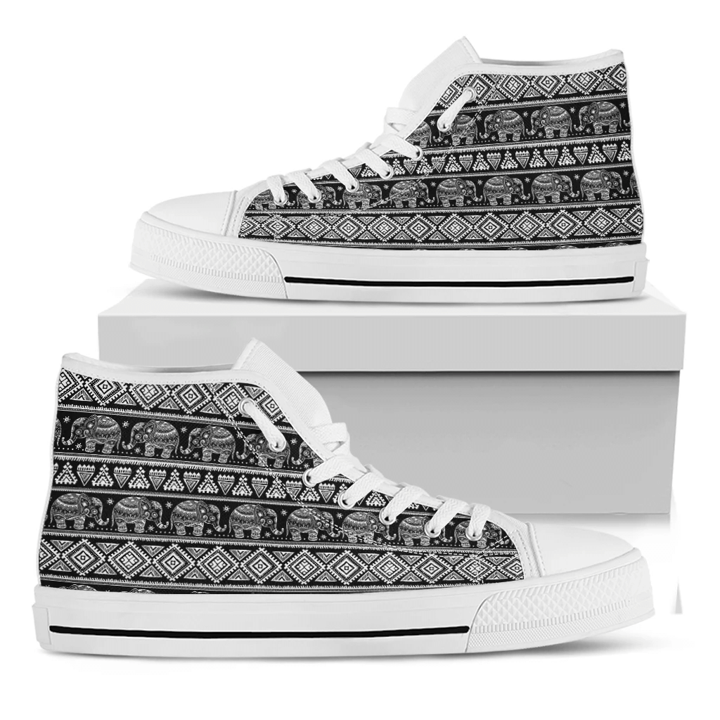 Black And White Indian Elephant Print White High Top Shoes For Men And Women