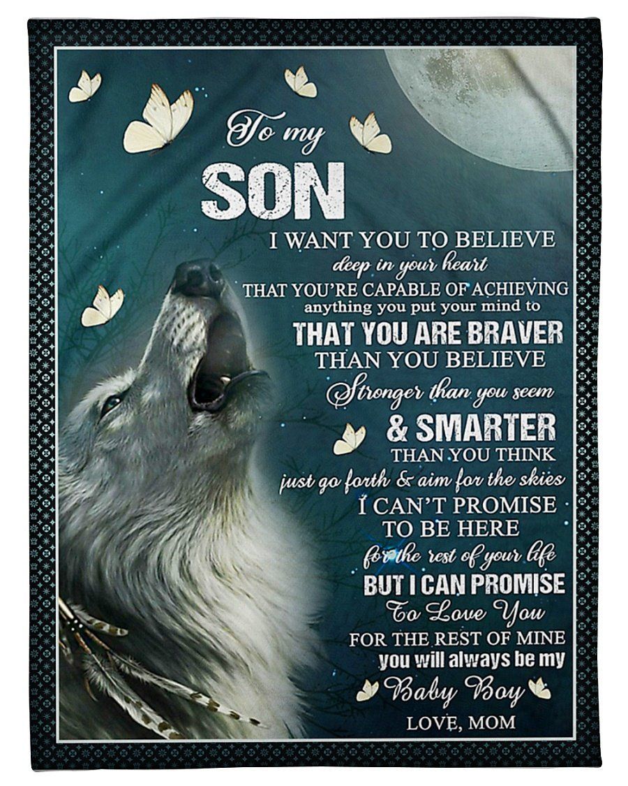 Family Personalized Always Be My Baby Boy Wolf Butterflies  Mom Gift To My Son  Fleece Blanket Sherpa Blanket