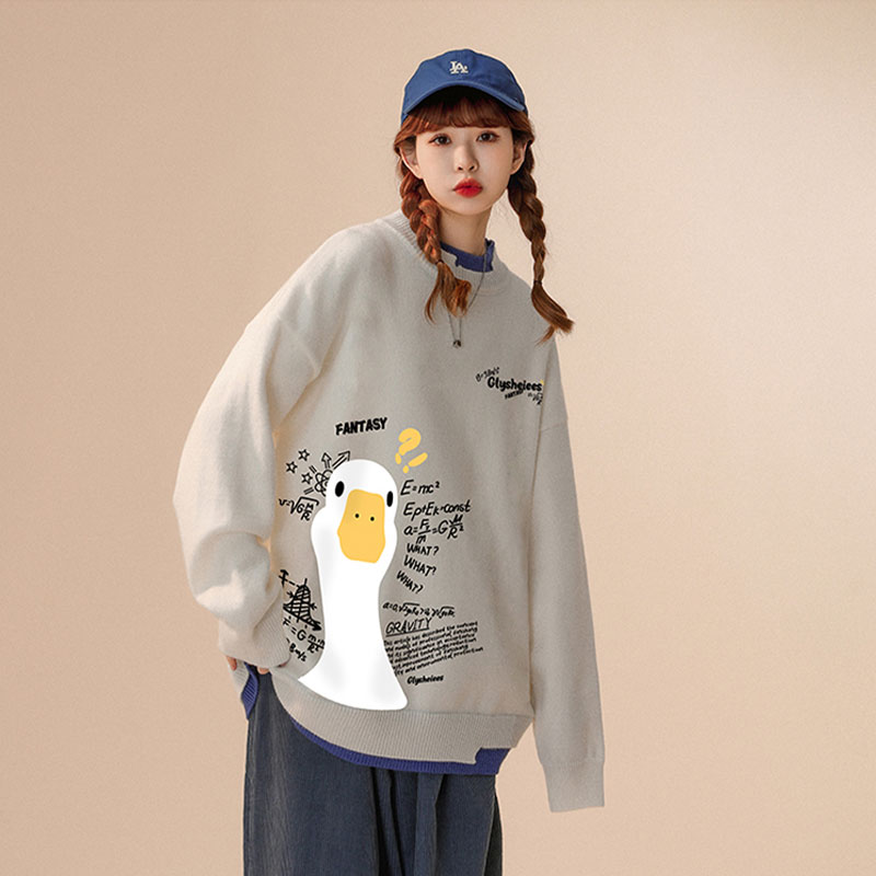 CALESECT FW22 Goose Duck Pattern Oversized Knit Sweater Women 2022 Winter Pullover Streetwear Aesthetic Jumper Knitwears alx