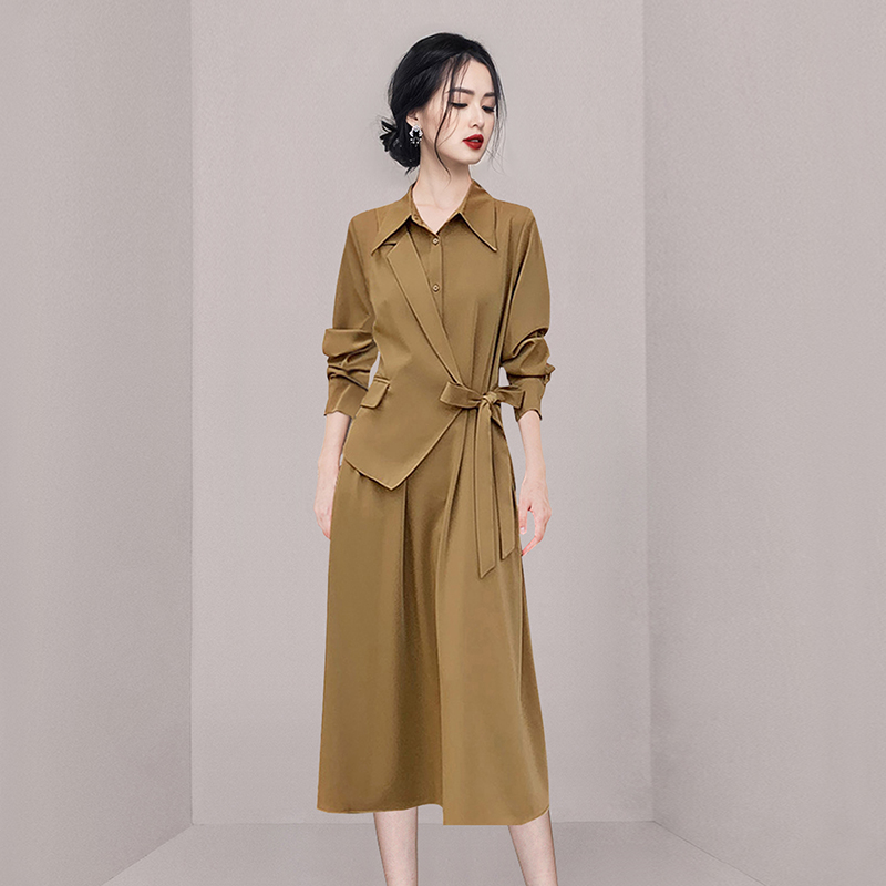 Women Autumn Fashion Vintage Lapel Slim Shirt Dress Long Sleeve Ladies Elegant Lace Up Party Midi Dresses alx