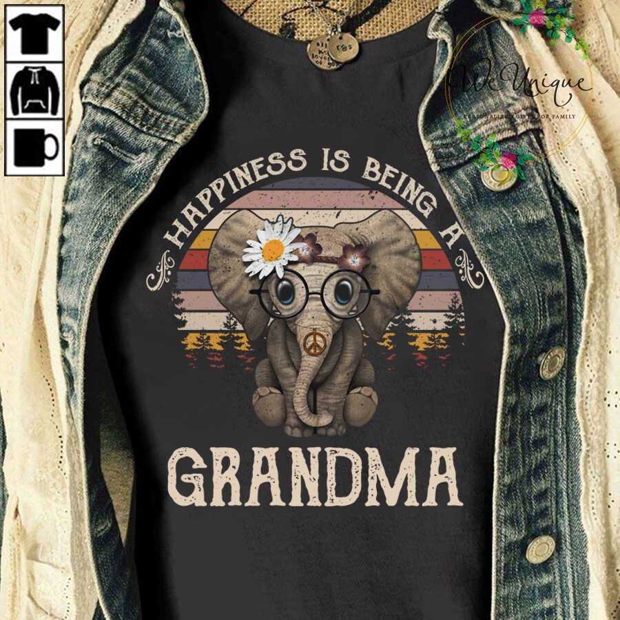 Retro Elephant Happiness Is Being A Grandma Graphic Unisex T Shirt, Sweatshirt, Hoodie Size S – 5XL