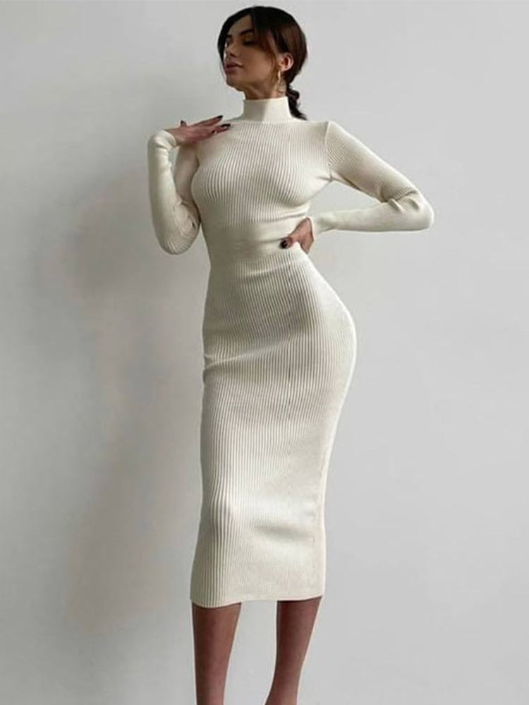 Women Turtleneck Maxi Knitted Dresses Elegant Solid Bodycon Long Sleeve Sweater Dress 2022 Spring Office Lady Sexy Chic Dresses alx
