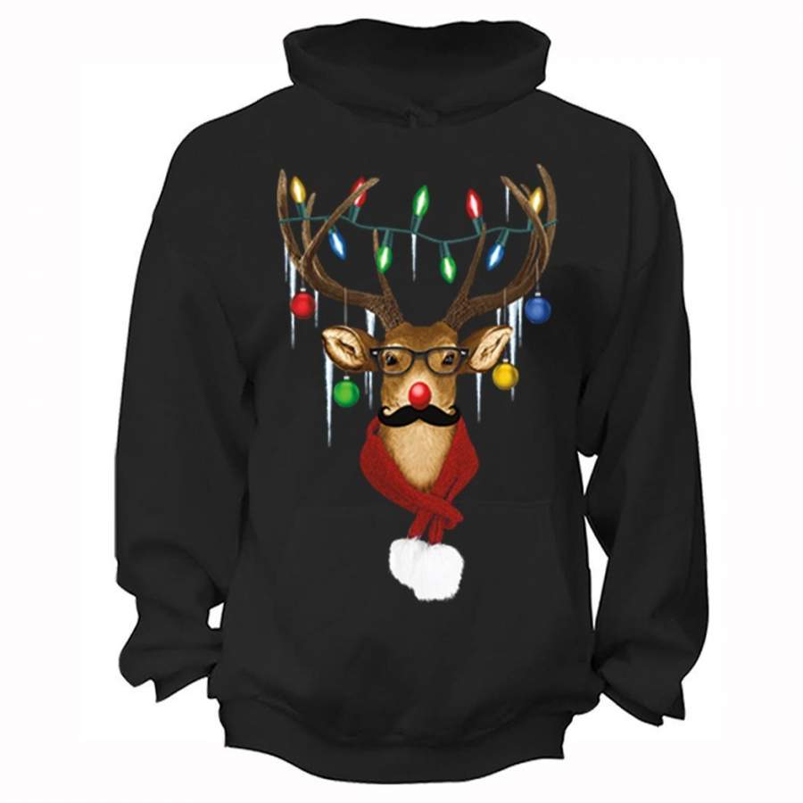 XtraFly Apparel Men’s Reindeer Wearing Sweater Moustache Lights Ugly Christmas Hooded-Sweatshirt Pullover Hoodie