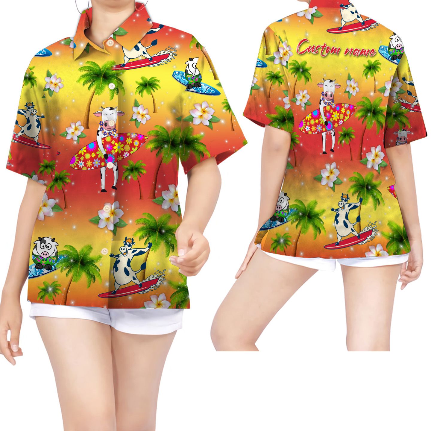 Surfing Dairy Cow Coconut Tree Custom Name Women Hawaii Shirt For Lovers Ha22430