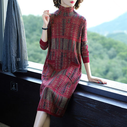 Autumn Elegant Vintage Turtleneck Pullovers Winter Striped Print Knitted Sweater&Jumpers Women Bodycon Wool Sweater Midi Dresses alx