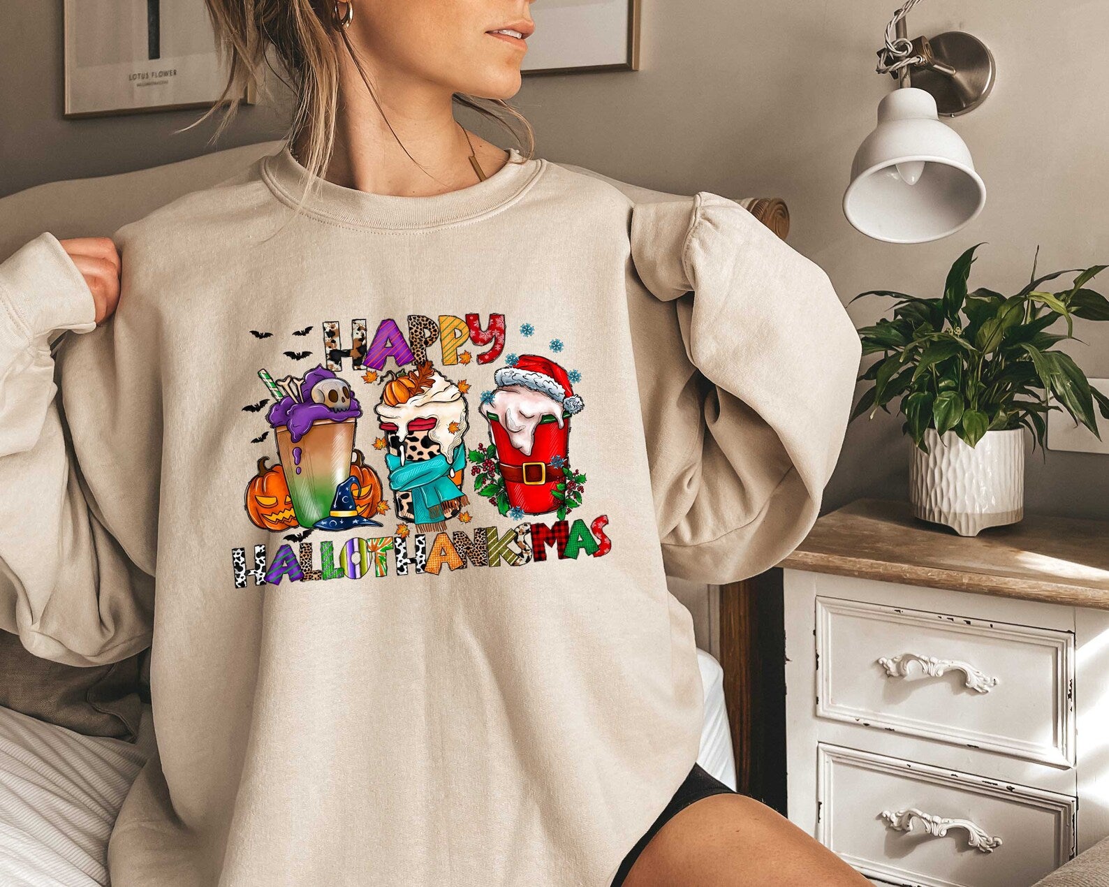 Happy Hallothanksmas Sweatshirt Halloween 2D Crewneck Sweatshirt All Over Print Sweatshirt For Women Sweatshirt For Men Sws3580