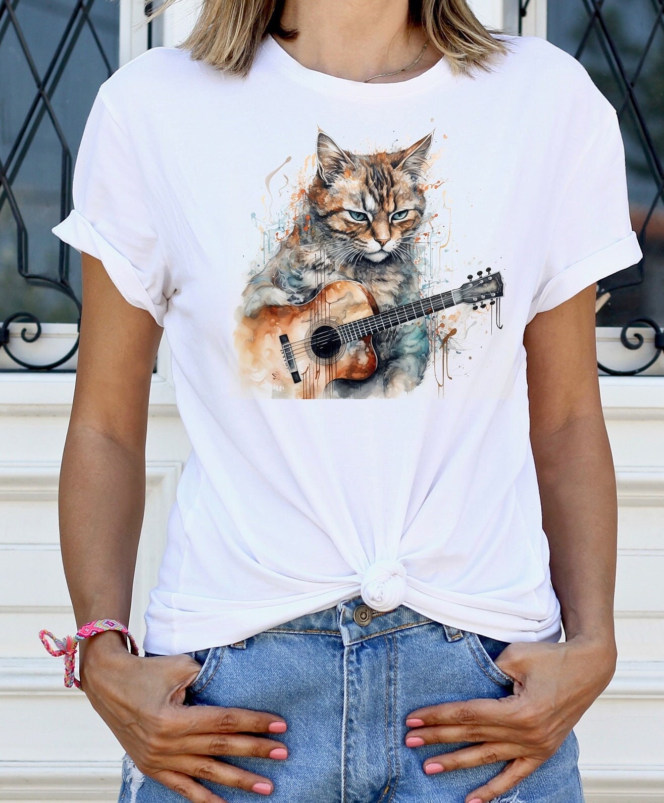 Cat Playing Guitar T-Shirt, Music-Inspired Graphic Tee, Trendy Art Graphic T-Shirts, Music tee, Guitarist gift