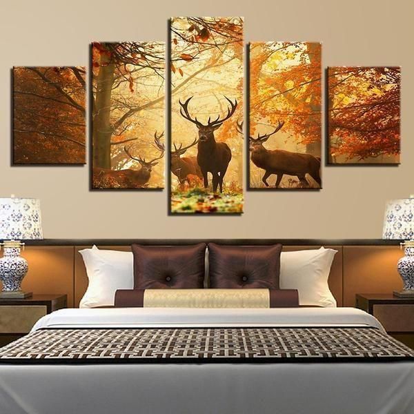 Woods Deer Animal 5 Panel Canvas Art Wall Decor