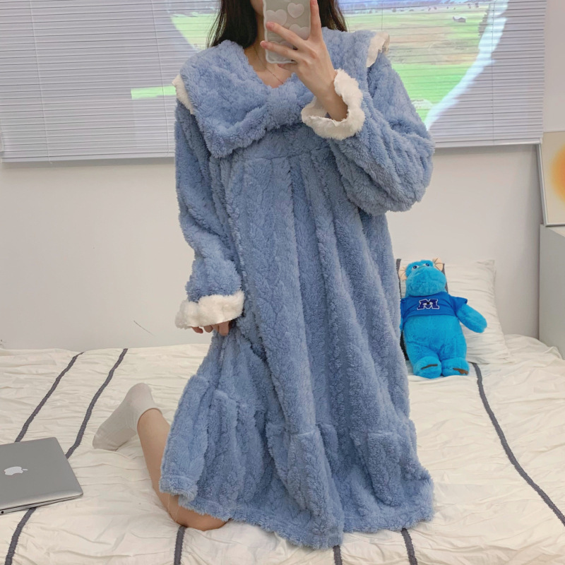 Women’s Nightshirt Winter Mid-Length Nightdress Coral Fleece Loose Thickening Nightgowns Flannel Home Wear Sleep Dress M-5XL alx