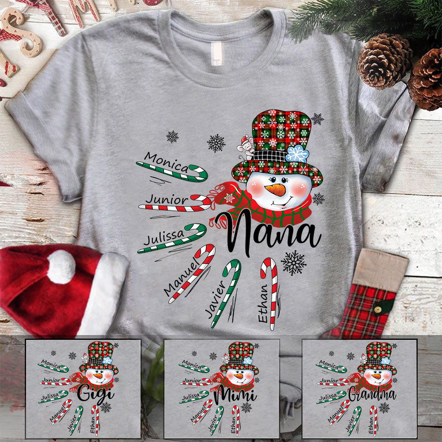 Nana Snowman Christmas Candy Kid Names Shirt