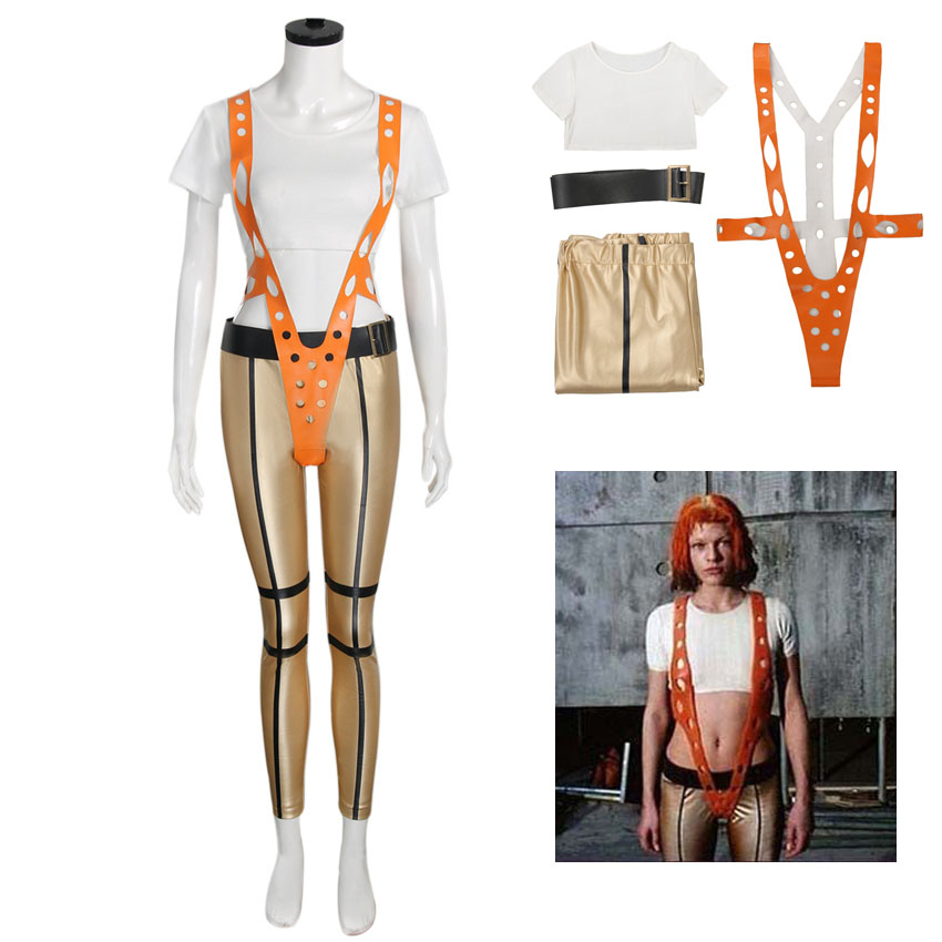 Takerlama Movie The Fifth Element Leeloo Costume Woman Tops Pants with Orange Strap Halloween Party Cos Alien Girl Suits alx