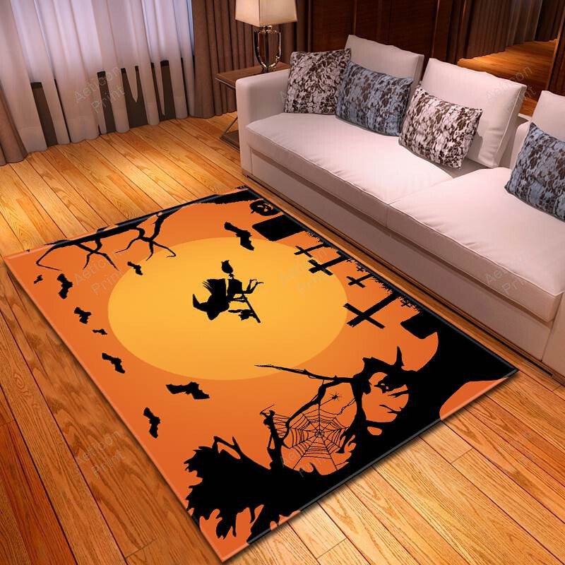 Scary Halloween The Witch Flying On The Broom Mid Night Carpet Living Room Area Rug Carpet Vintage Home Decor Gift Ideas