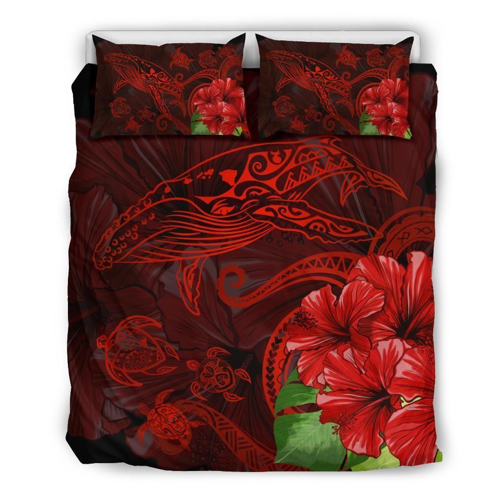 Alohawaii Bedding Set – Cover And Pillow Cases Hawaiian Hibiscus Whale Turtle Dance Polynesian  – Red – Ah J9