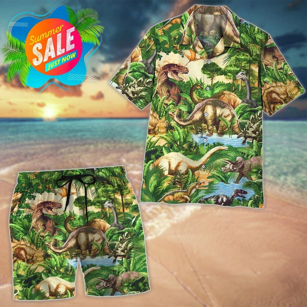 Dinosaur Tropical Island Hawaii Shirts Swim Trunks Beach Shorts Dh Ha69448