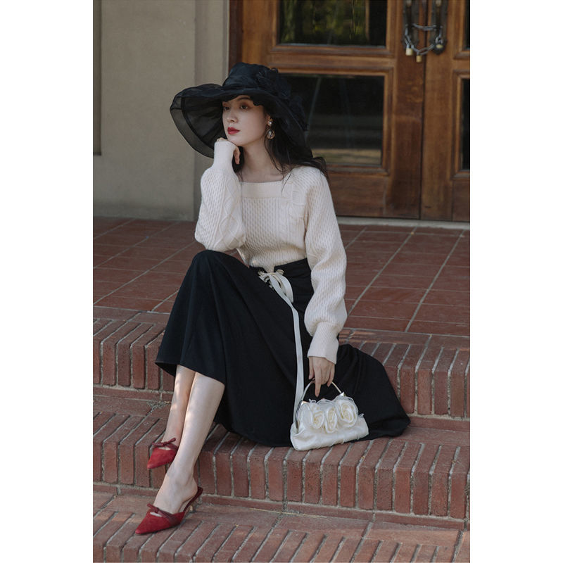 2 Piece Set Women French Elegant Suit Female Vintage Square Collar Knitted Sweater+ Black Skirt Korean 2022 Winter Outfits alx