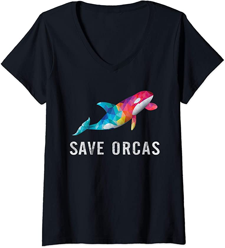 Womens Orca Save Orcas Killer Whale Retro Polygonal Rainbow Diving V-Neck T-Shirt