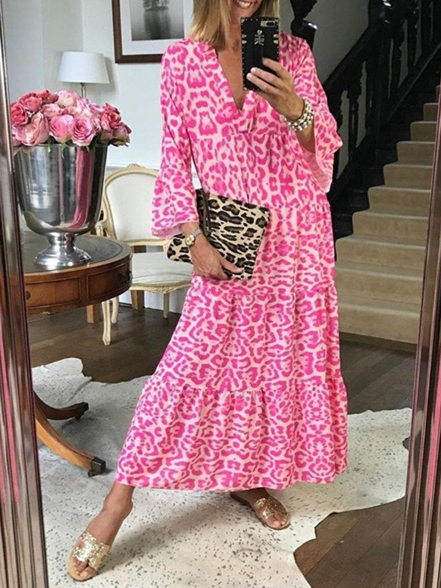 Women Leopard Print V-Neck Loose Dress