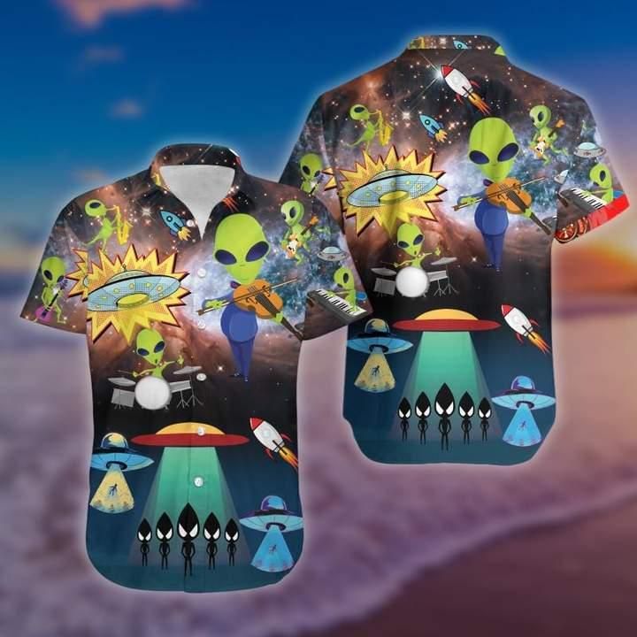 Aliens With Music Aloha Hawaiian Shirt Colorful Short Sleeve Summer Beach Casual Shirt For Men And Women