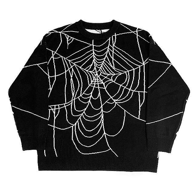 Autumn Winter Fashion Gothic Spider Web Print Black Knit Loose Women Pullover Aesthetic Grunge Punk Y2K Oversized Men’s Sweater alx