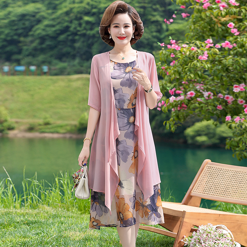 Summer Dress 2 Pieces Set Women Middle-aged New Chiffon Long Dress Casual Beach Elegant Mother Print Loose Dresses alx