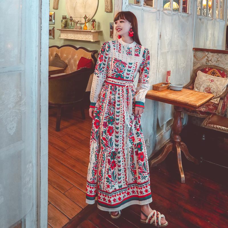 Summer New Women’s Dress Bohemian Travel Holiday Beach Wind Print Dress Korean Ins Vintage Round Collar Long Sleeve Long Dress alx