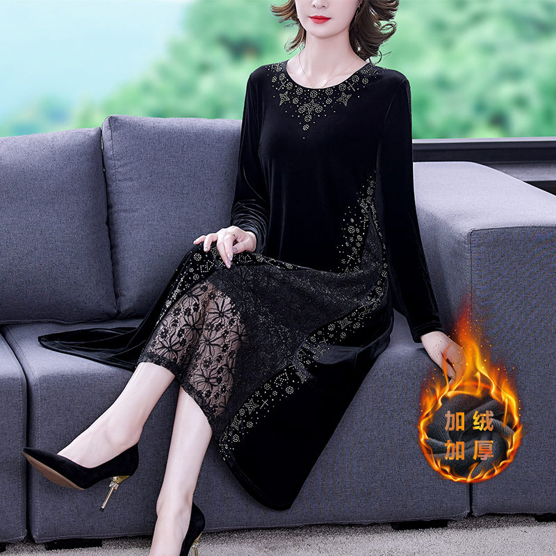 Autumn Winter Dress Plus Velvet Thick High-End Lace Stitching Black Noble Fashion Large Size Dress Elegant Women Clothing M1266 alx