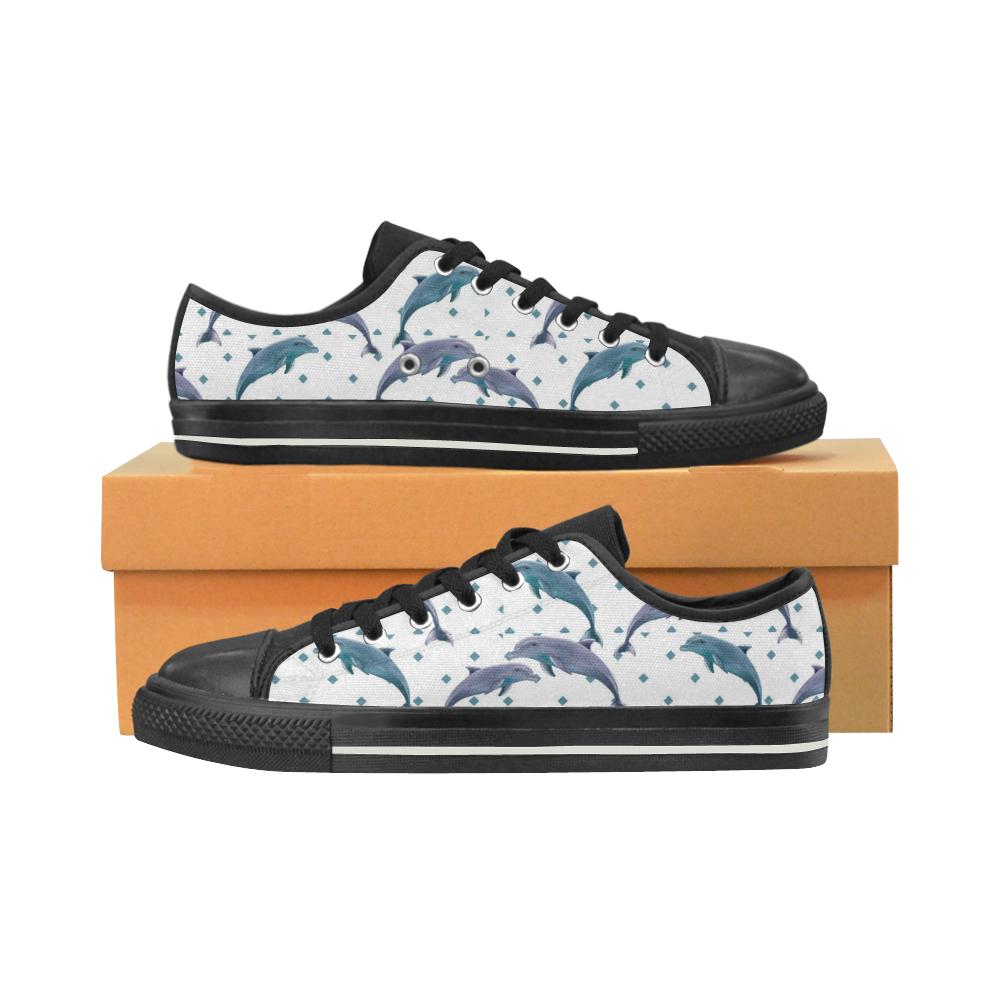 Dolphins Pattern Dotted Background Kid’S Low Top Canvas Shoes Black