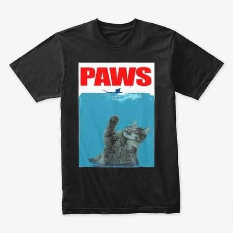 Paws jaws movie poster style funny for cat lover t shirt hoodie sweater canvas