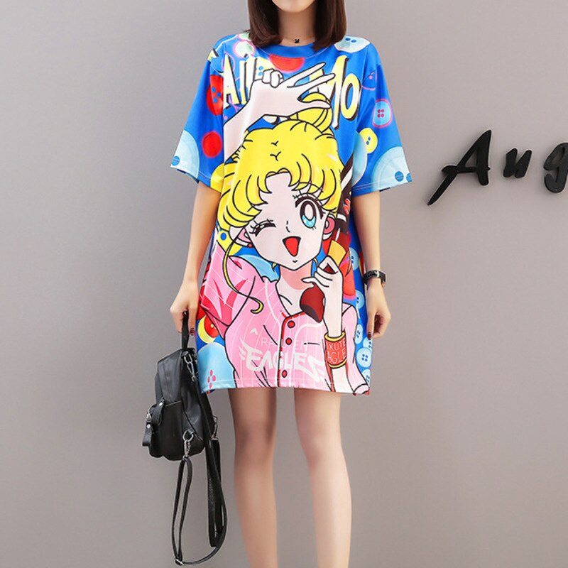 6 Styles Cartoon Pattern Women Summer Dress 2022 Printed Doll Yellow Striped Dress T shirt Short Sleeve dress Animal Dog QM068 alx