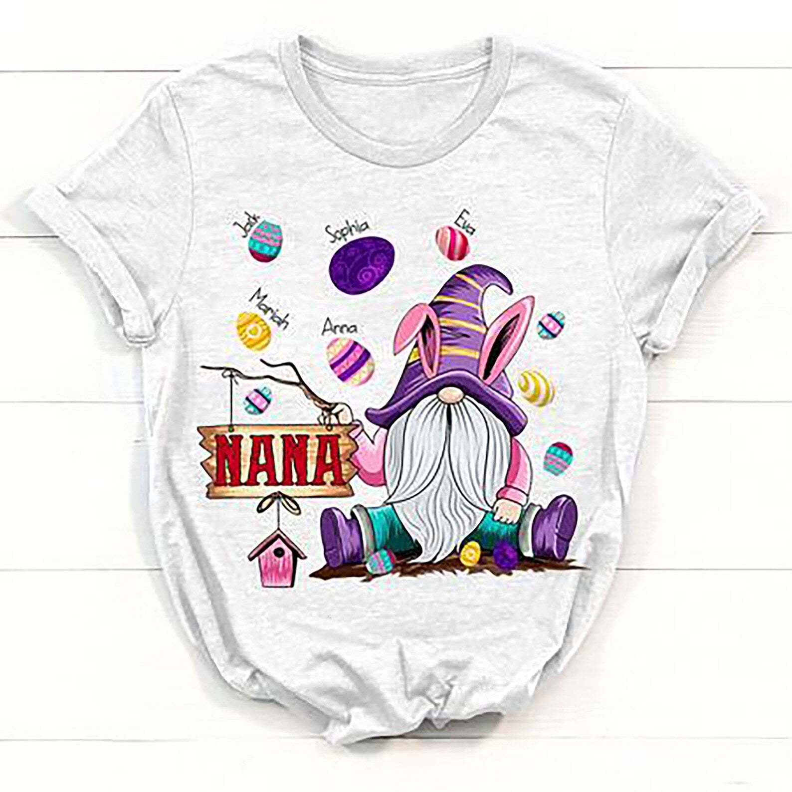 Personalized T-Shirt For Grandma Nana Cute Bunny Gnome With Egg Printed Custom Grandkids Name Easter Day Shirt