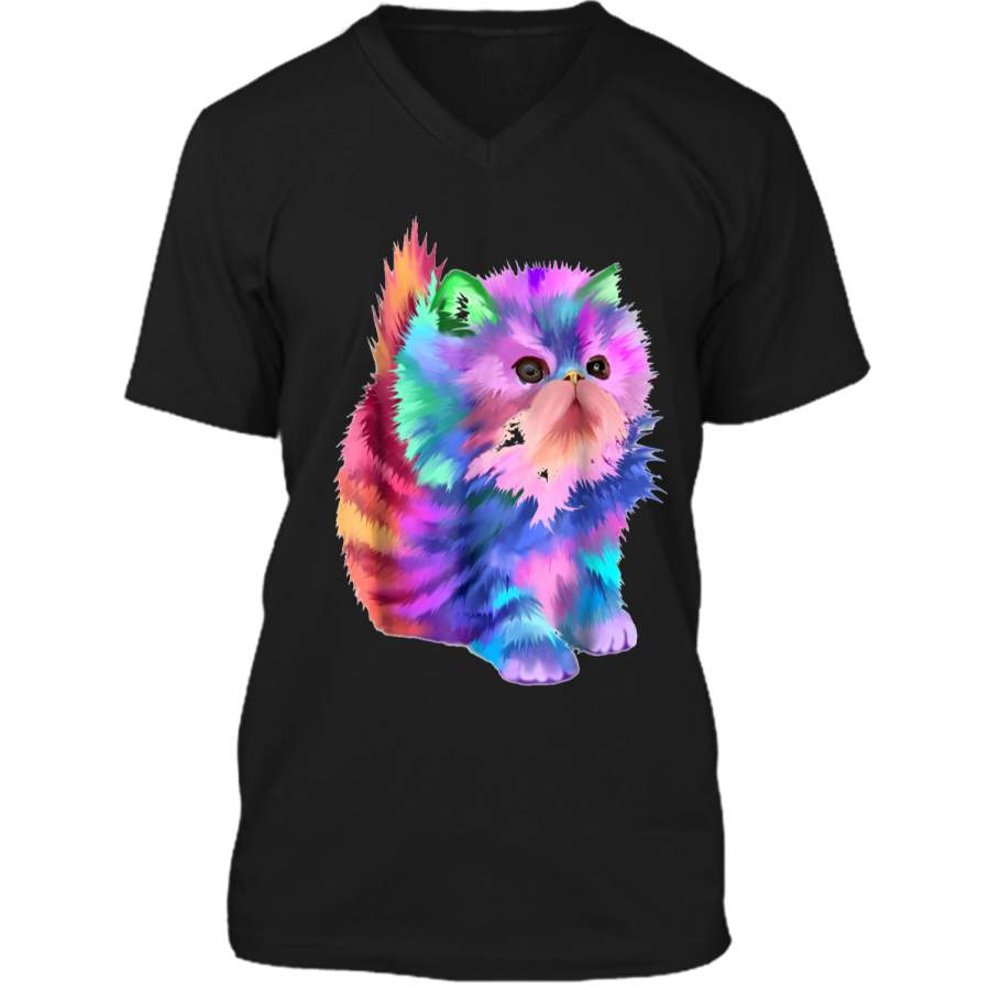 Colorful Cute Funny Rainbow Kitten Cat  Mens Printed V-Neck T