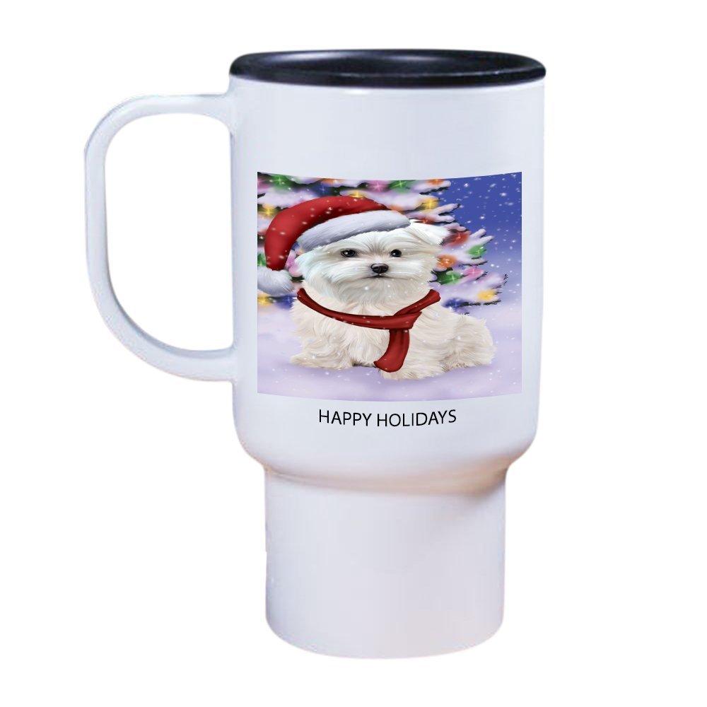 Winterland Wonderland Malteses Puppy Dog In Christmas Holiday Scenic Background Travel Mug