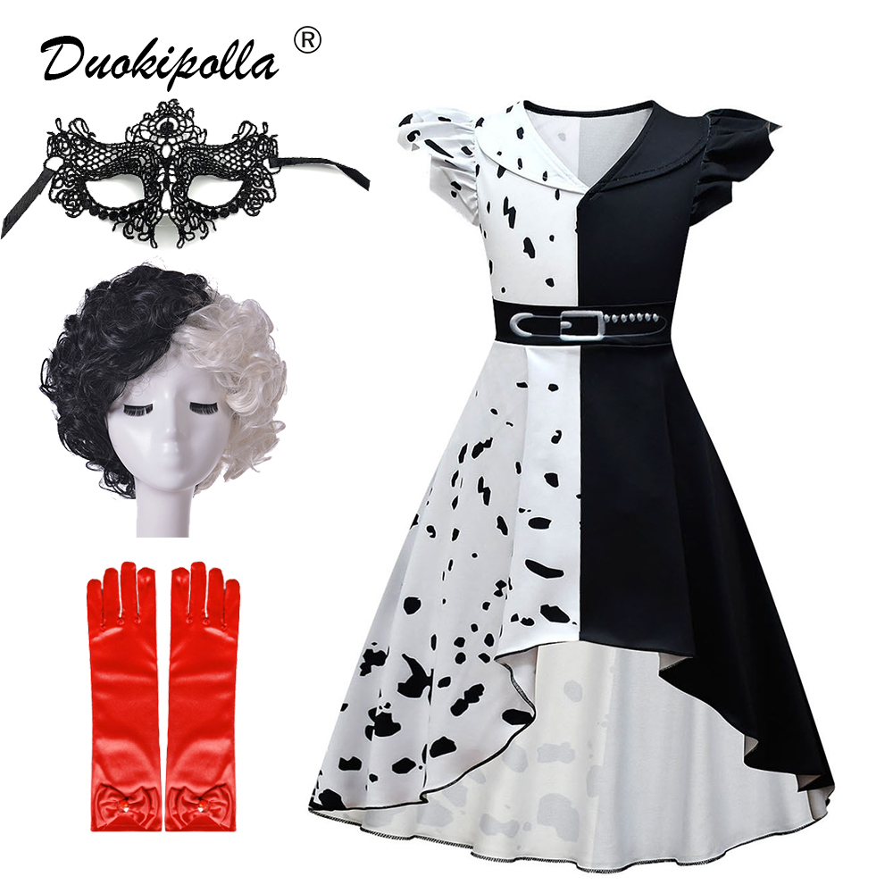 2022 Halloween Child Cruella Costume Masquerade Party Girls Black White Long Dress with Cape Carnival Kids Cruella Wig Lace Mask alx