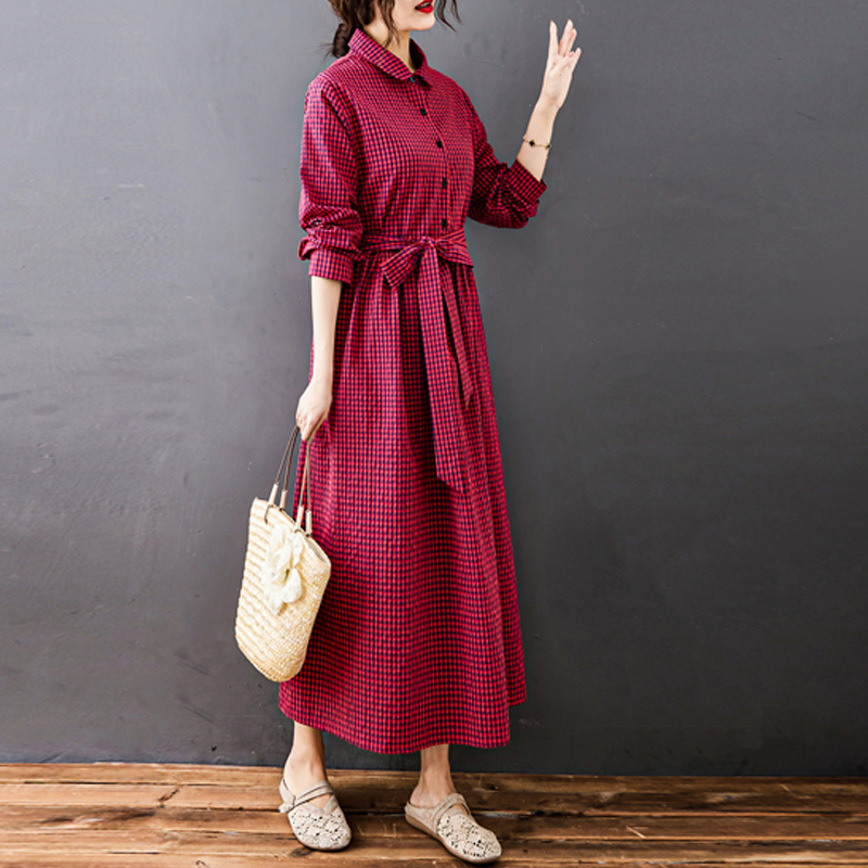 2022 New Autumn Winter Women Dress Vintage Plaid Casual Loose Fashion Cotton Linen Long Sleeve Elegant Ladies Dresses Girl alx